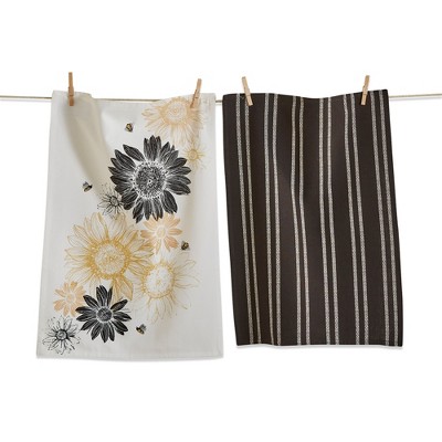 tagltd Set of 2 Black and Yellow Sunflower Print with Coordinating Black Stripe Cotton   Kitchen Dishtowels 26L x 18W in.