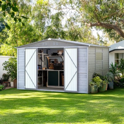 8x10 FT Outdoor Backyard Storage Shed,Iron-Wood Frame Garden Storage Shed with Two Doors and Window,Tool Shed with All-Weather Design-Coolbibila