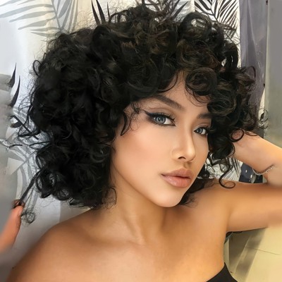 Jessie's Wig 10 Inch Bouncy Curls Bangs With Wig Short Synthetic Hair Natural Black Color 1 Pc/Pack