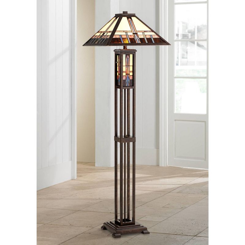 Robert Louis Tiffany Mission Rustic Floor Lamp 60 1/2" Tall Oiled Bronze with Nightlight Geometric Stained Art Glass Shade for Living Room Bedroom, 3 of 11
