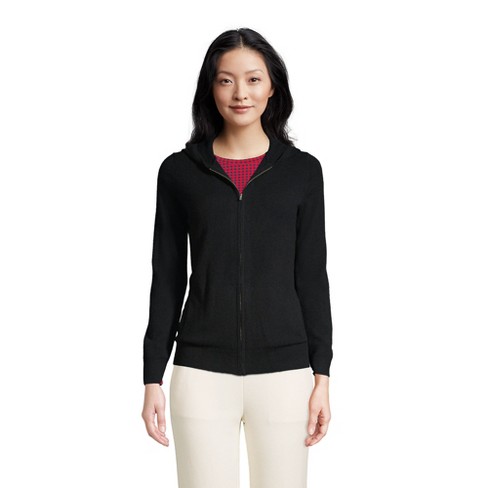 Lands' End Women's Cashmere Front Zip Hoodie Sweater - Medium - Black