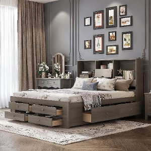 CAVINAS Queen Size Bed Frame, Platform Bed with Storage Headboard and 8 Drawers, Storage Beds with Headboards - 1 of 4