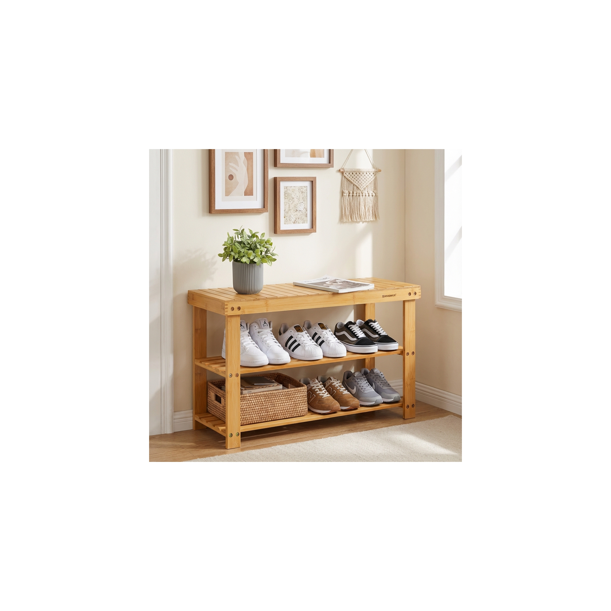 Shoe Rack Bench, 3-Tier Bamboo Shoe Storage Organizer, Entryway Bench, Holds Up to 286 lb, 11.3 x 27.6 x 17.8 Inches, for Entryway Bathroom Bedroom
