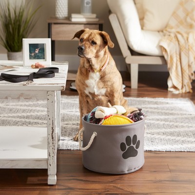 Gray Round Collapsible Pet Toy Storage Bin with Paw Print