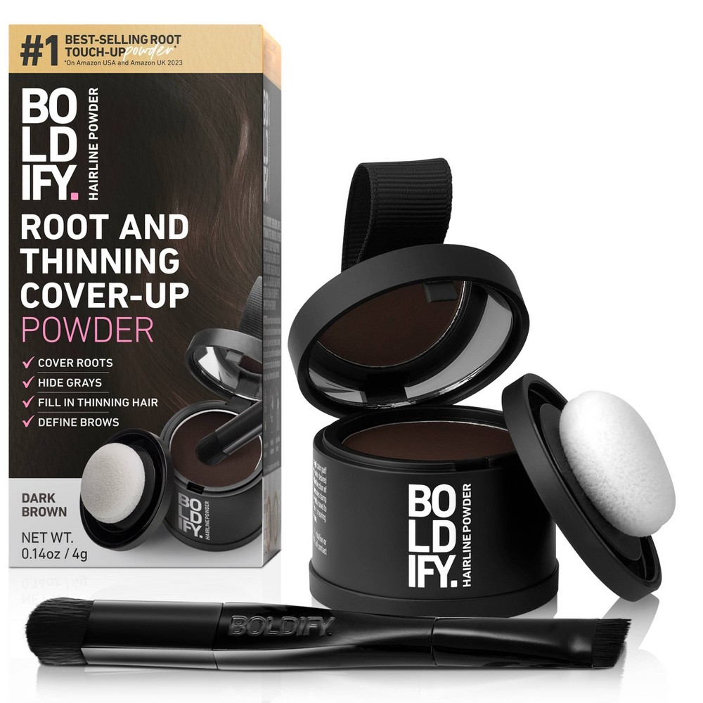 BOLDIFY Root Touch Up Powder with Brush, Covers Thinning Hair & Grays, Water-Resistant - Dark Brown