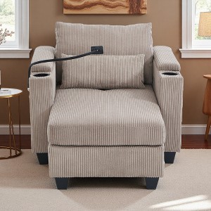 37.4" Corduroy Convertible Chaise Lounge Chair with USB Ports, Cup Holders and Hidden Storage - 1 of 4
