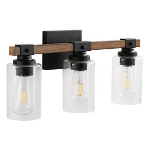 Dewdrop 3-Light Bathroom Vanity Light Fixture, Farmhouse Wall Sconce with Clear Seeded Glass and Black Wood Finish - 1 of 4