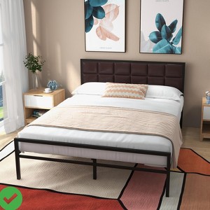 Full/ Queen Size Faux Leather Platform Bed Frame with Upholstered Headboard - 1 of 3