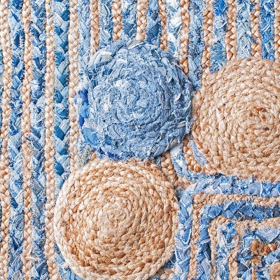 Handmade Blue Cotton Geometric Flat Woven Square Rug