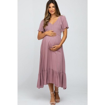 PinkBlush Mauve Smocked V-Neck Maternity Midi Dress