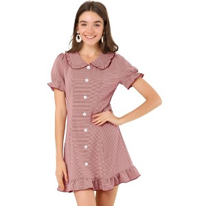 Allegra K Women's Ruffle Peter Pan Collar Casual Button-up Checkered Dress - 1 of 4