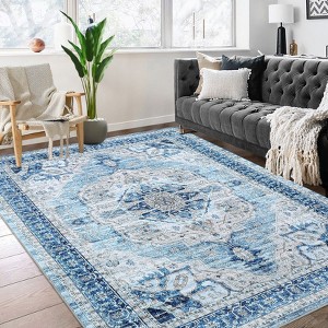 8x10 Large Washable Area Rug, Blue Non Slip Carpet, Stain Resistance Vintage Room Rug, Indoor Floor Carpet for Living Room, Low Profile Rug, Boho Rug - 1 of 4