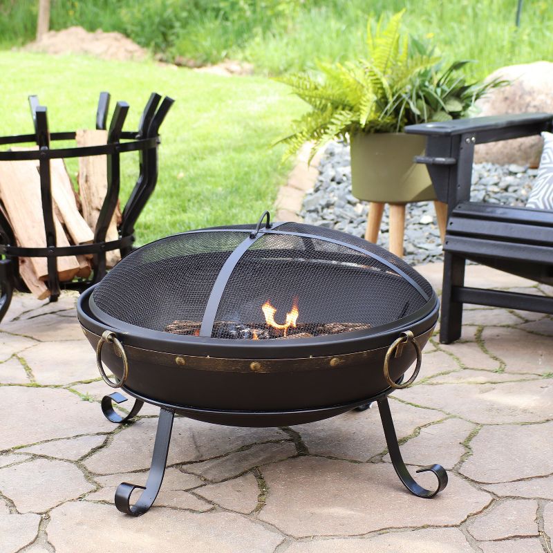 Sunnydaze Outdoor Camping or Backyard Steel Victorian Fire Pit Bowl with Handles and Spark Screen - 25" - Black, 3 of 14