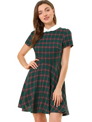 Allegra K Women's Plaid Grid Peter Pan Collar Contrast A-line Dresses
