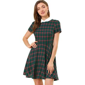 Allegra K Women's Plaid Grid Peter Pan Collar Contrast Christmas Xmas Party Short Sleeve A-line Dresses Green Red Large