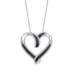 GILDED Sterling Silver Necklace with Natural Round-Cut Black Diamond and Heart Shaped Pendant, 18” White Silver Chain, 1/4 Carat Total Weight Diamonds - 1 of 4