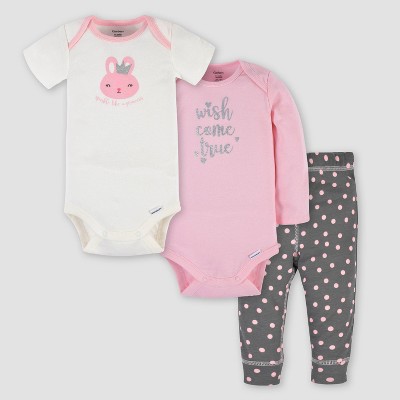 Gerber Baby Girls' 3pc Bunny 'Take Me Home' Pajama Set - Pink/Off-White 0-3M