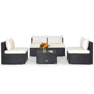 Tangkula 5PCS Patio Outdoor Rattan Sofa Conversation Set w/ Seat & Back Cushions Off White - 1 of 4