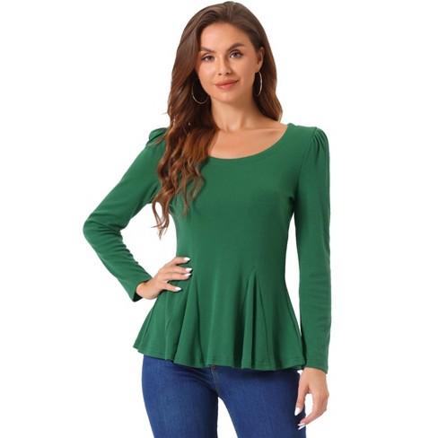 Allegra K Women s Long Sleeve Scoop Neck Casual Peplum Shirt Dark Green X Large