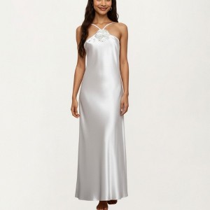 Anna-Kaci Lounge Women's Strapless Midi Slip Dress with Floral Appliqué Halter Detail and Sleek Smooth Silhouette - 1 of 4