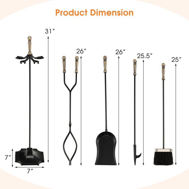 Tangkula 5-Piece Fireplace Tool Set Heavy Duty Fire Tool Set and Holder Fire Pit Stand, 5 of 11