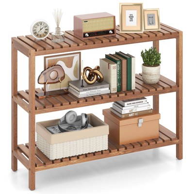 Tangkula 3-Tier Side Table Teak Wood Stand Utility Storage Shelf Organizer Entryway Bench