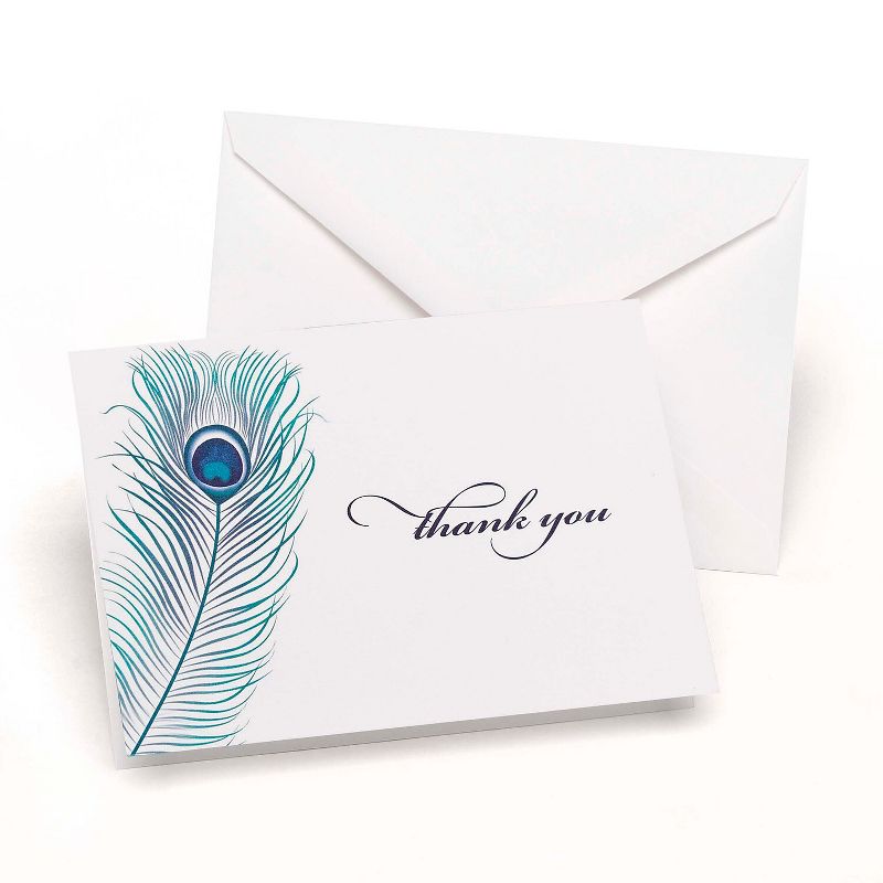 Hortense B. Hewitt HBH 3 1/2" x 4 7/8" Peacock Feather Wedding Thank You Card White/Navy 50/Pack, 1 of 2