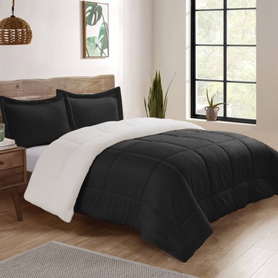 Full Black Reversible Microfiber and Sherpa Comforter Set