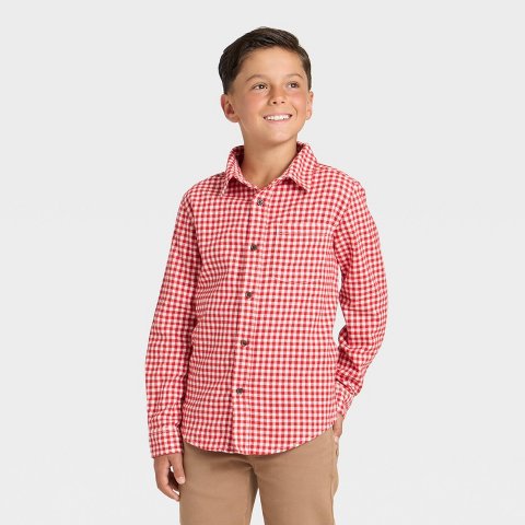 Детские Cat & Jack Boys' Long Sleeve Striped Plaid Flannel Button-Down Shirt - Cat & Jack™ Red XS