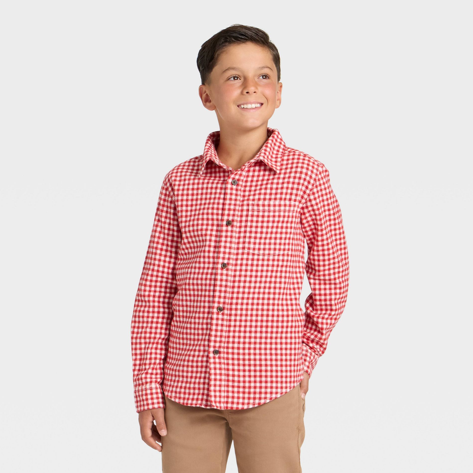 Boys' Long Sleeve Striped Plaid Flannel Button-Down Shirt - Cat & Jack™ Red XS