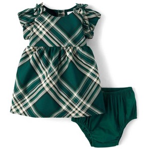 The Children's Place Baby Girls Matching Family Christmas Short Flutter Sleeve Bow Plaid Satin Fit And Flare Dress - 1 of 4
