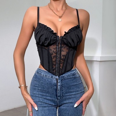 Women's Camisole Lace Bodysuit Sheer Mesh Shapewear Skinny Top