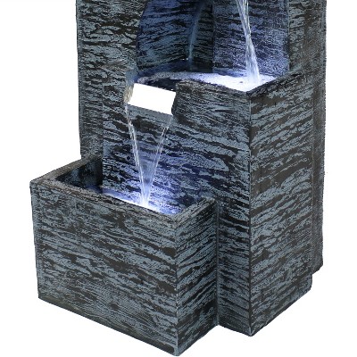 32-Inch Gray Polyresin Cascading Tower Outdoor Water Fountain with LED Lights