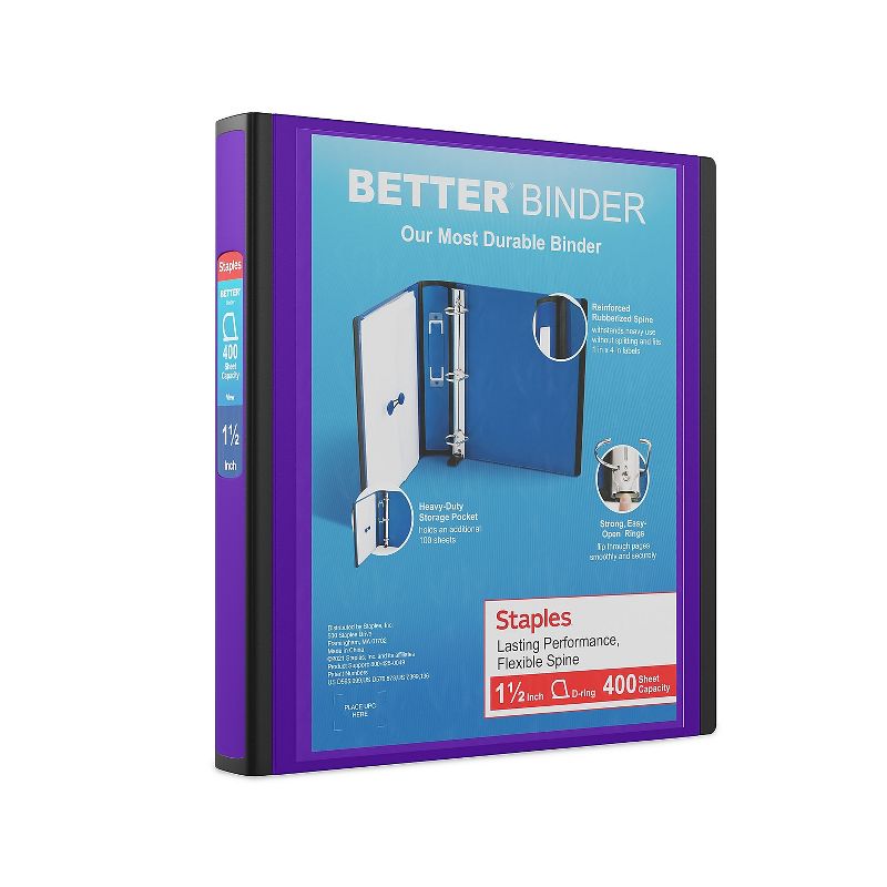 Staples 1.5" 3-Ring Better Binder Purple (19061) 827604, 1 of 9