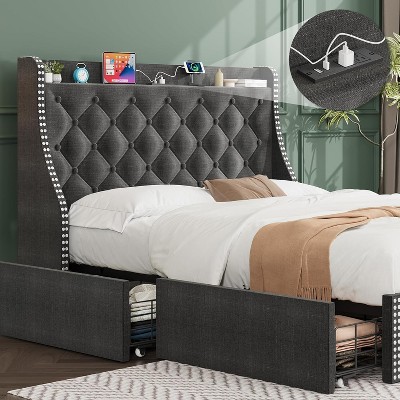 Bed Frame with 4 Storage Drawers, Wingback Headboard, Charging Station, Diamond Design, No Box Spring Needed