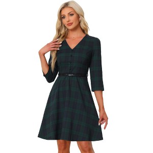 INSPIRE CHIC Women's Tartan Plaid V Neck 3/4 Sleeves Belted A-Line Dresses - 1 of 4