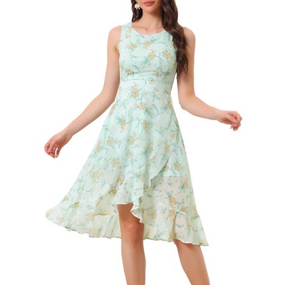 Allegra K Women's Wrap Ruffle High Low Hem Round Neck Keyhole Back Sleeveless Floral Dress