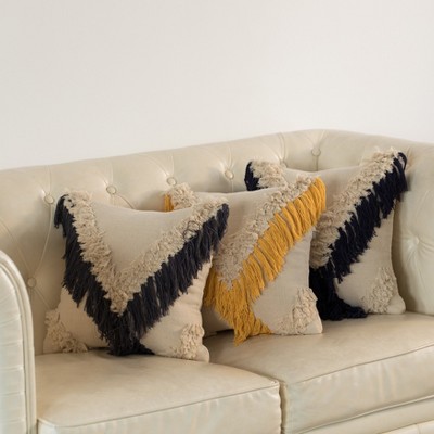 Charcoal Handwoven Cotton 16" Boho Throw Pillow Cover with Embossed Design