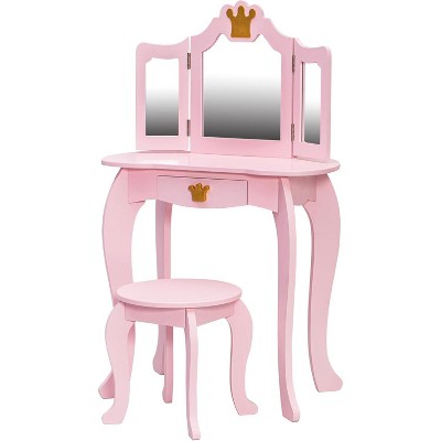 Kids Vanity Table and Chair Set with Tri-Folding Mirror and Drawer - Girls Dressing Table and Chair Set - Vanity Set with Mirror for Ages 3-9