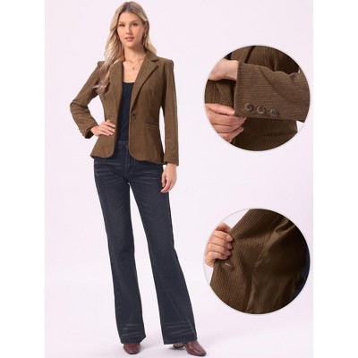 INSPIRE CHIC Women's Corduroy Notched Lapel Long Sleeve Casual One Button Jacket with Pockets Large Brown — фото 2