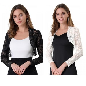 Allegra K Women's Elegant Sheer Floral Lace Crop Bolero Shrug 2 Packs - 1 of 4