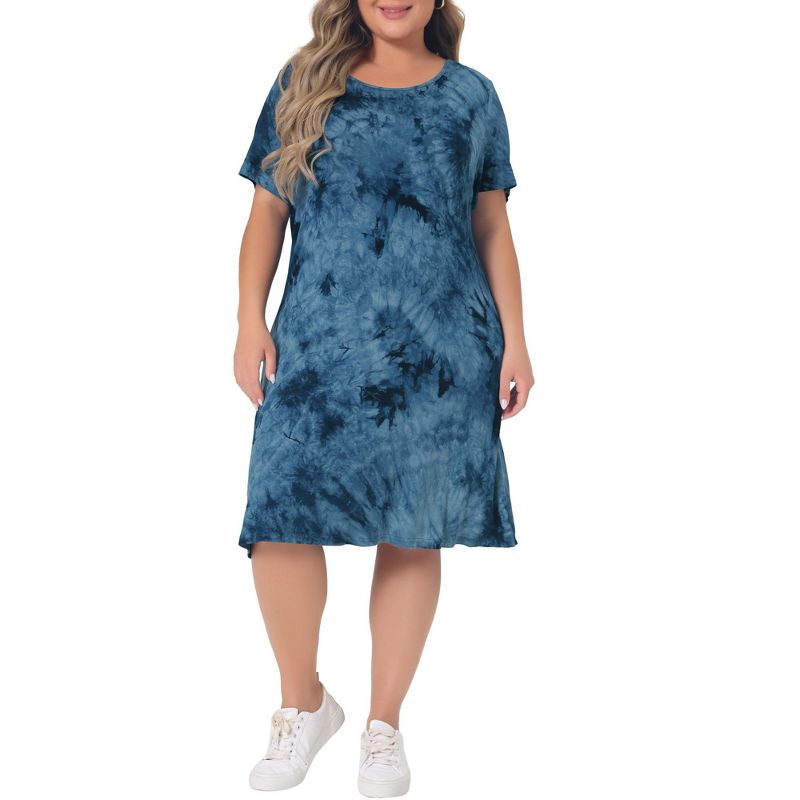 Agnes Orinda Women's Plus Size Round Neck Tie Dye Short Sleeve Pocket Swing Casual Midi T-Shirt Dresses, 2 of 5