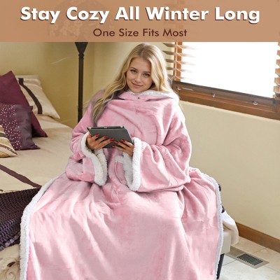 Pink Sherpa Fleece Wearable Blanket with Sleeves and Pocket