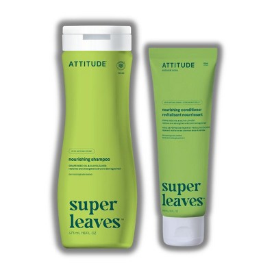 Attitude Natural Care Super Leaves Nourishing Shampoo (16 oz) & Conditioner (8 oz) | Vegan | Grape Seed Oil & Olive - DUO SET PACK