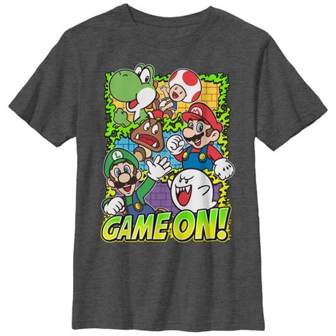 Boy's Nintendo Super Mario Group Game On T-Shirt - Charcoal Heather - Small