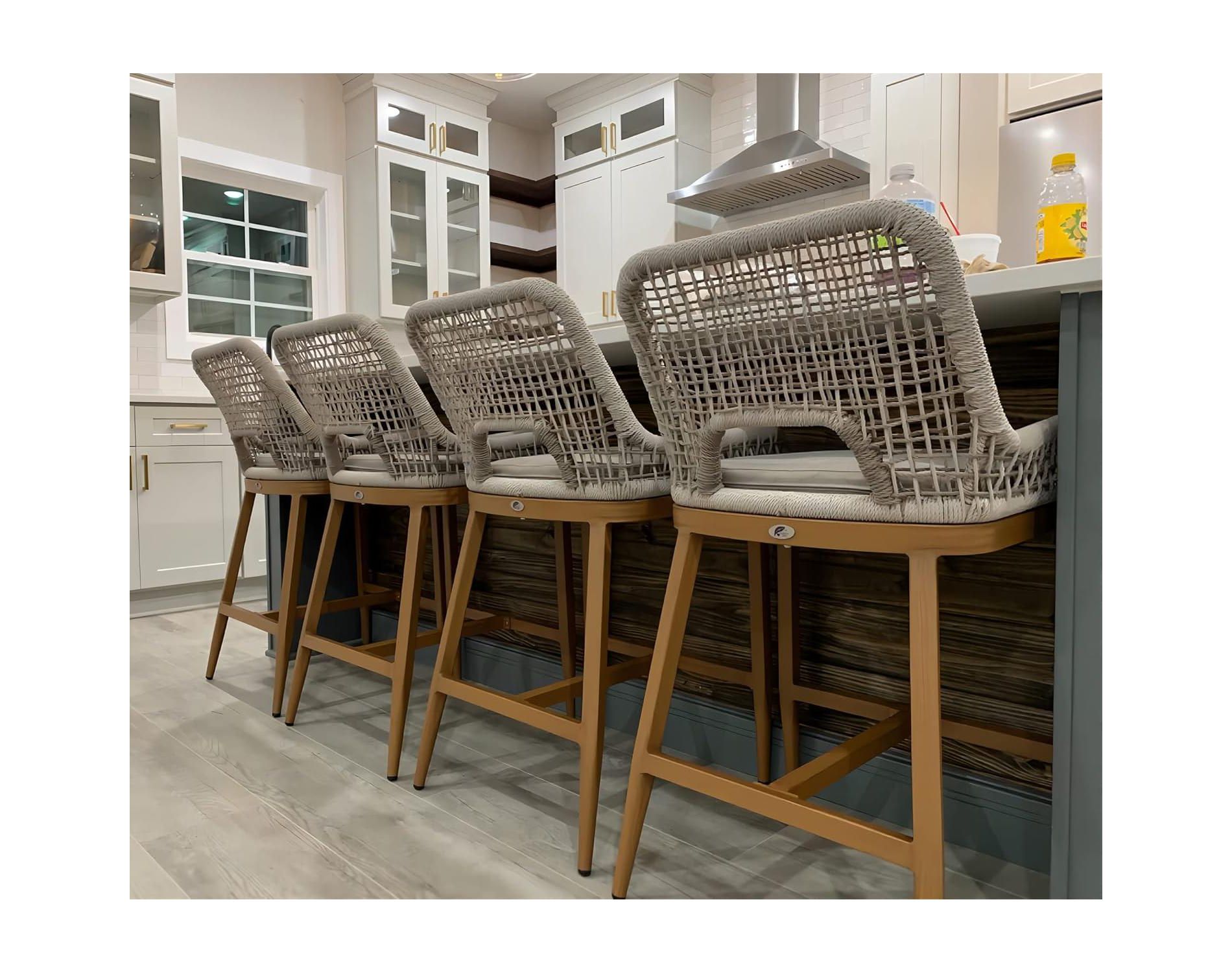 PURPLE LEAF Outdoor Counter Stools and Chairs (Set of 4) Rattan Barstools with Backrest and Footrest for Garden Pool, Includes Cushions