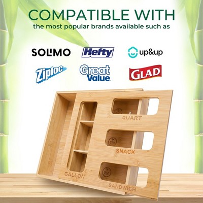 Palm Naki Bamboo Slotted Ziplock Bag Organizer for Kitchen