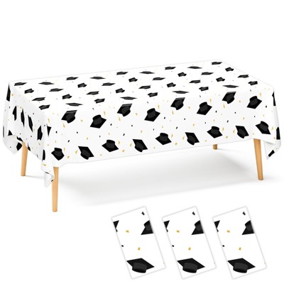 DYLIVeS Graduation Cap Party Tablecloths Grad Plastic Tablecover Disposable Black and Gold Graduation Party Supplies