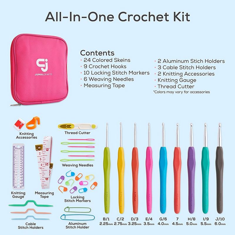Jumblcrafts Crochet Starter Kit With Crochet Hooks And Yarn Set, Premium Bundle Includes 24 Acrylic Yarn Balls, 9 Crochet Hooks, 6 Weaving Needles, 3 of 6