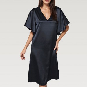 Anna-Kaci Lounge Women's Satin Midi Dress with V-Neckline and Flutter Sleeves for a Relaxed Elegant Fit - Small, Black - 1 of 4